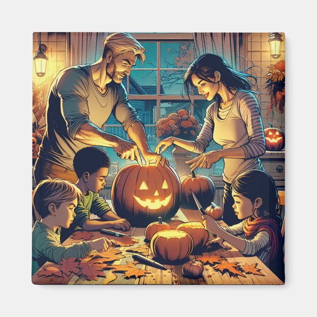 Family and Friends Carving Pumpkins Halloween Magnet (Front)