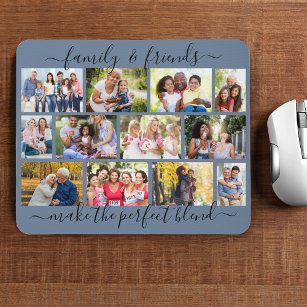Family and Friends Quote 12 Photo Collage Blue Mouse Pad