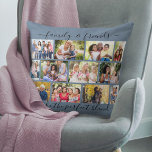 Family and Friends Quote 12 Photo Collage Blue Throw Pillow<br><div class="desc">Create your own photo pillow with 12 of your favourite photos. The design has an elegant handwritten quote which reads "family & frieds make the perfect blend" and you can edit this if you wish. The photo template is set up for you to add your own pictures, which are laid...</div>