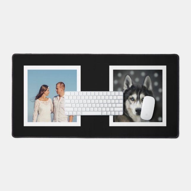 Family and Husky Dog Custom Photos on Black Desk Mat (Keyboard & Mouse)