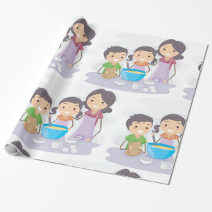 Family Baking Together Mom and Kids Cooking Wrapping Paper