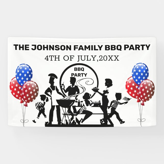 Family BBQ Party Black Red White and Blue Banner (Horizontal)
