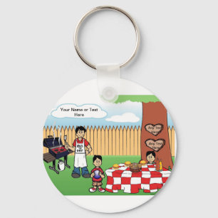Family BBQ, Single Dad, 2 Boys Cartoon Keychain