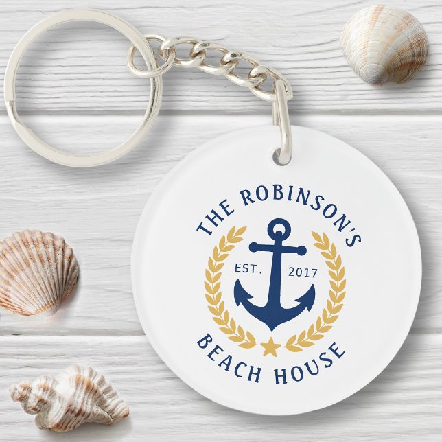 Family Beach House Anchor Gold Laurel Star 2 Sided Keychain (Creator Uploaded)