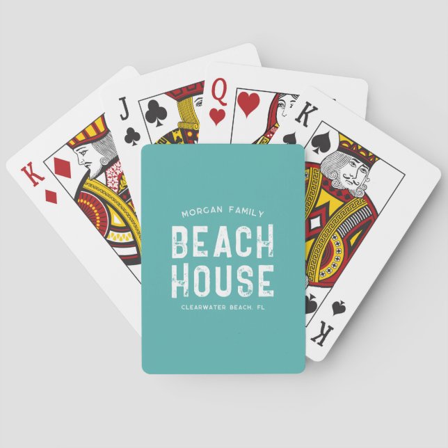 Family Beach House Aqua Green & White Personalized Playing Cards (Back)