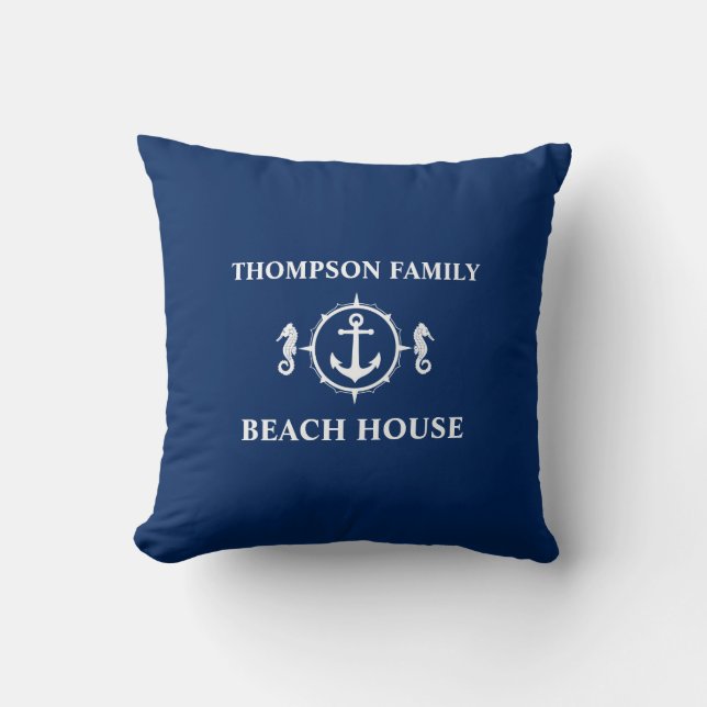 Family Beach House Seahorse Anchor Navy Blue White Throw Pillow (Front)
