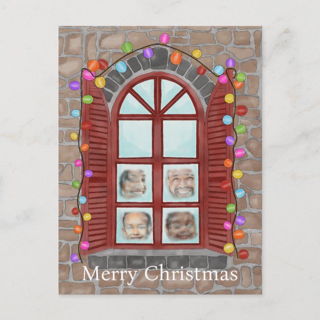 Family behind Christmas window photocard Postcard (Front)