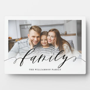 Family Black Script Overlay Modern Minimal Photo Plaque