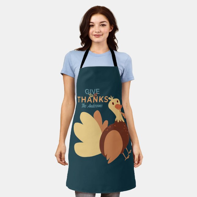 Family Blue & Brown Give Thanks Quote Turkey Fall Apron (Worn)