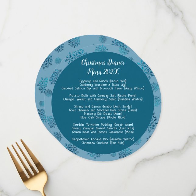 Family Blue Christmas Dinner Round Menu Template (Front/Back In Situ)