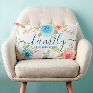 Family blue floral watercolor monogram script boho lumbar pillow