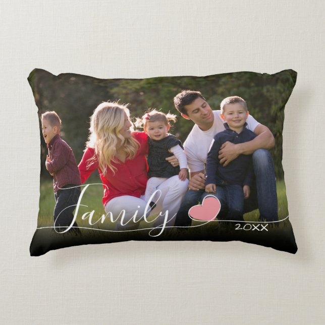 Family Blush Heart Calligraphy Horizontal Photo Accent Pillow (Front)