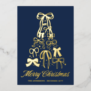Family Bows Tree Blue Christmas Gold Foil Card