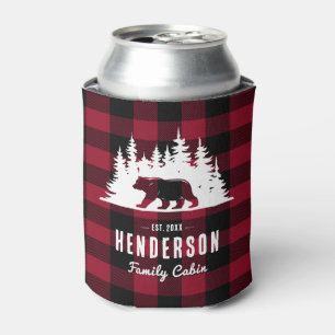 Family Cabin Bear Pine Red Plaid Can Cooler