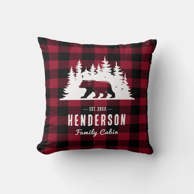 Family Cabin Bear Pine Red Plaid  Throw Pillow (Front)