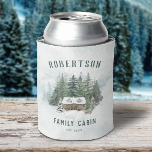 Family Cabin Forest Pine Trees Personalized Can Cooler