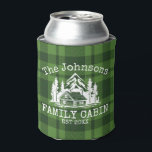 Family Cabin Green Plaid Themed Name Personalized Can Cooler<br><div class="desc">Ideal for family gatherings, reunions, or your mountain retreat, this product is designed with a charming green plaid background. It showcases a beautifully designed mountain scene with cabin surrounded by trees, personalized with your family name, the year established, and any additional details you prefer. An excellent choice for a thoughtful...</div>