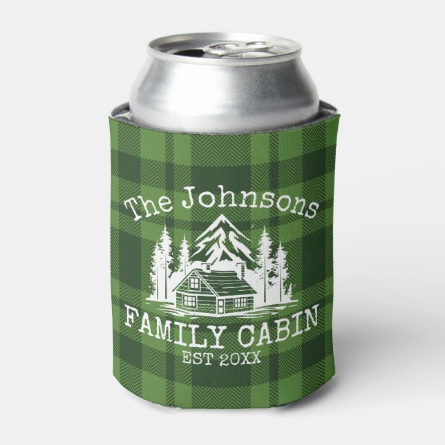 Family Cabin Green Plaid Themed Name Personalized Can Cooler (Can Front)