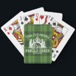 Family Cabin Green Plaid Themed Name Personalized Playing Cards<br><div class="desc">Ideal for family gatherings, reunions, or your mountain retreat, this product is designed with a charming green plaid background. It showcases a beautifully designed mountain scene with cabin surrounded by trees, personalized with your family name, the year established, and any additional details you prefer. An excellent choice for a thoughtful...</div>