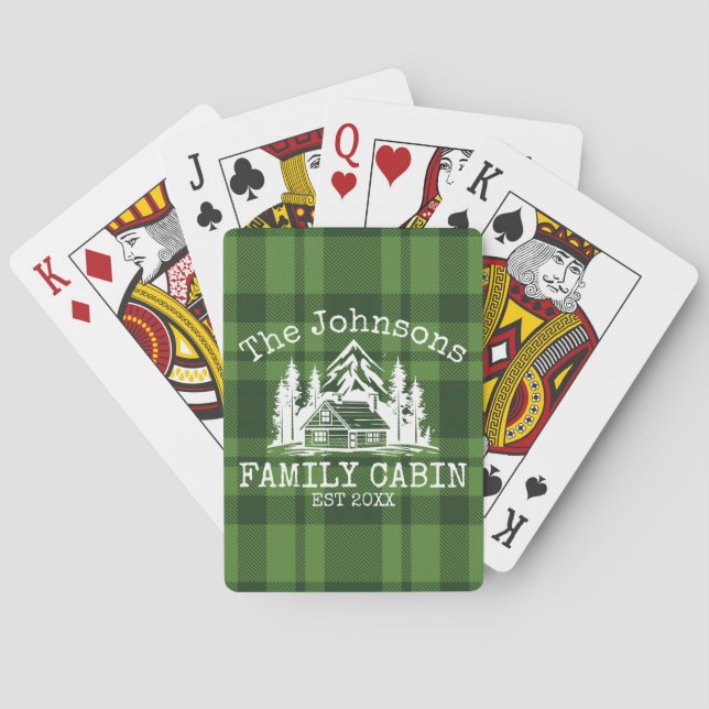 Family Cabin Green Plaid Themed Name Personalized Playing Cards (Back)