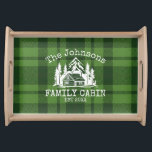 Family Cabin Green Plaid Themed Name Personalized Serving Tray<br><div class="desc">Ideal for family gatherings, reunions, or your mountain retreat, this product is designed with a charming green plaid background. It showcases a beautifully designed mountain scene with cabin surrounded by trees, personalized with your family name, the year established, and any additional details you prefer. An excellent choice for a thoughtful...</div>
