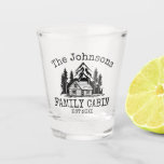 Family Cabin Green Plaid Themed Name Personalized Shot Glass<br><div class="desc">Ideal for family gatherings, reunions, or your mountain retreat, this product is designed with a charming green plaid background. It showcases a beautifully designed mountain scene with cabin surrounded by trees, personalized with your family name, the year established, and any additional details you prefer. An excellent choice for a thoughtful...</div>