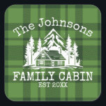 Family Cabin Green Plaid Themed Name Personalized Square Sticker<br><div class="desc">Ideal for family gatherings, reunions, or your mountain retreat, this product is designed with a charming green plaid background. It showcases a beautifully designed mountain scene with cabin surrounded by trees, personalized with your family name, the year established, and any additional details you prefer. An excellent choice for a thoughtful...</div>