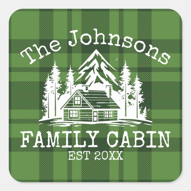 Family Cabin Green Plaid Themed Name Personalized Square Sticker (Front)