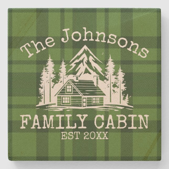 Family Cabin Green Plaid Themed Name Personalized Stone Coaster (Front)