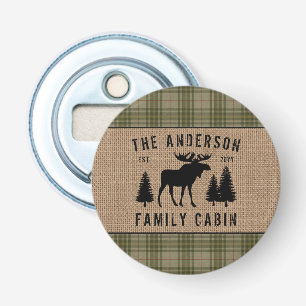 Family Cabin Moose Pine Green Plaid Burlap Button Bottle Opener