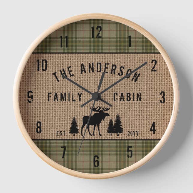 Family Cabin Moose Pine Green Plaid Burlap Clock (Front)