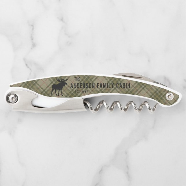 Family Cabin Moose Pine Trees Sage Green Plaid Corkscrew (Front)