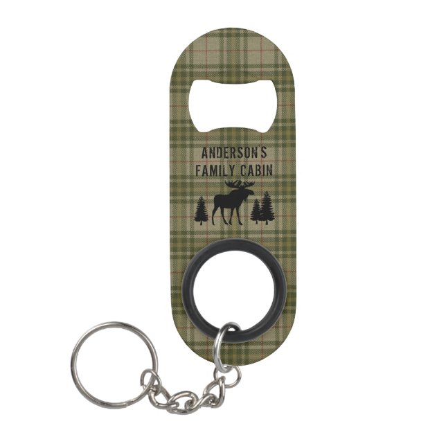 Family Cabin Moose Pine Trees Sage Green Plaid Keychain Bottle Opener (Front)
