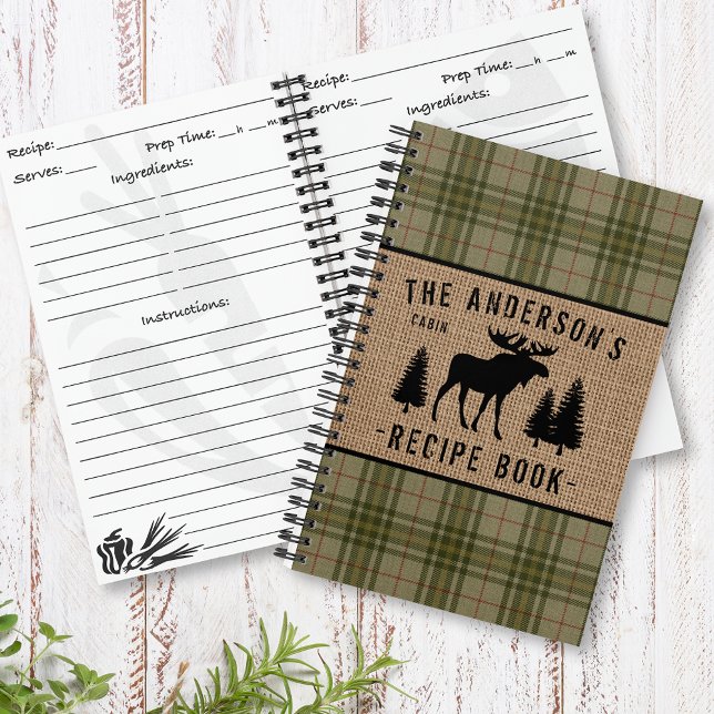 Family Cabin Moose Trees Plaid Burlap Mini Recipe Notebook (Several sizes and page designs to choose from)