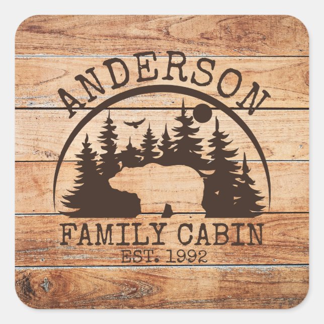  Family Cabin Name Personalized Rustic wooden Square Sticker (Front)