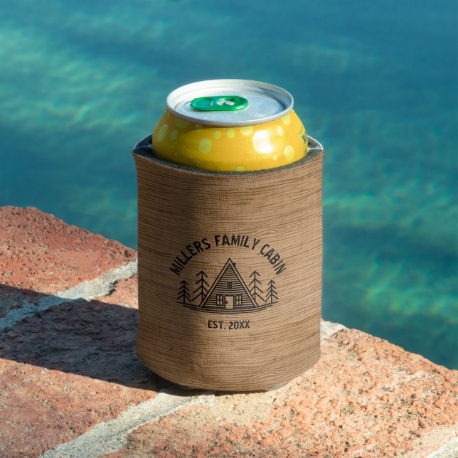 Family Cabin Name Rustic Brown Wood Texture Can Cooler (In Situ Pool)