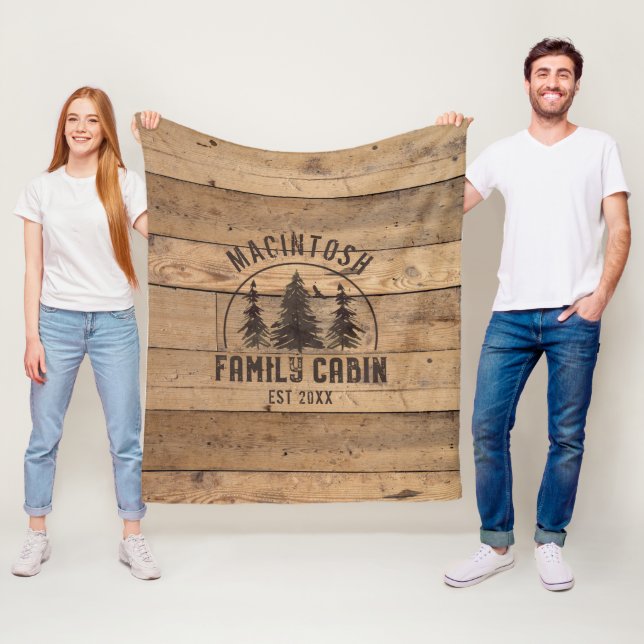 Family Cabin Name Rustic Wood Personalized Fleece Blanket (In Situ)