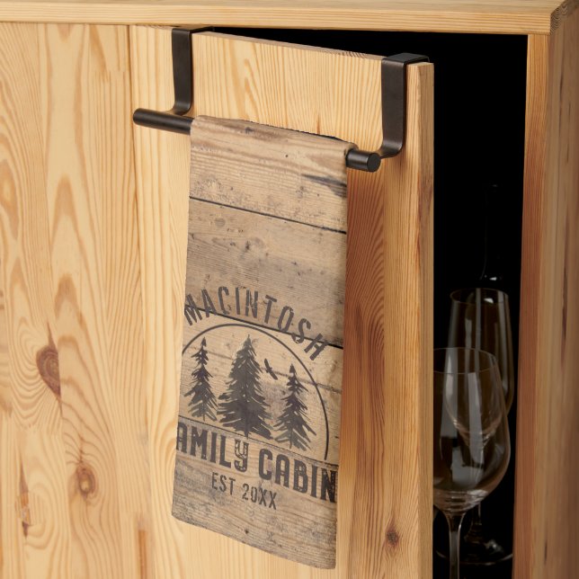 Family Cabin Name Rustic Wood Personalized Kitchen Towel (Thirds Fold)