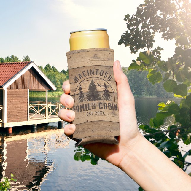Family Cabin Name Rustic Wood Personalized Seltzer Can Cooler (Creator Uploaded)