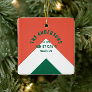 Family Cabin Personalized Name Red Green Retro Ceramic Ornament