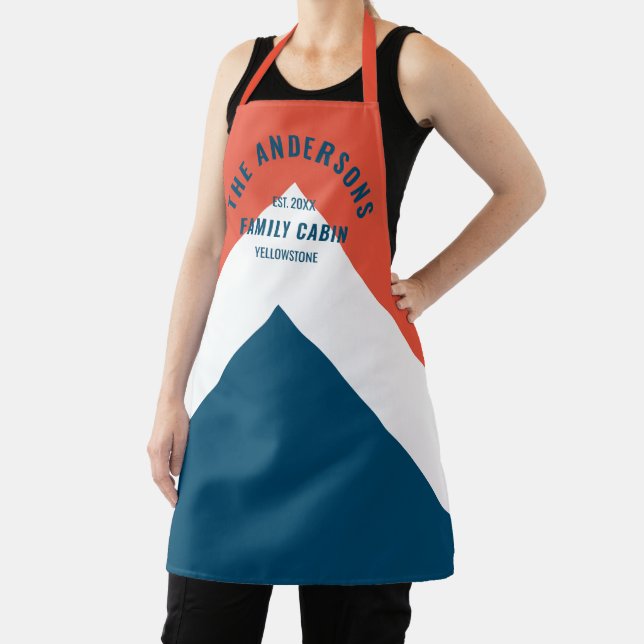 Family Cabin Personalized Name Red Navy Retro Apron (Insitu)