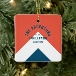 Family Cabin Personalized Name Red Navy Retro Ceramic Ornament