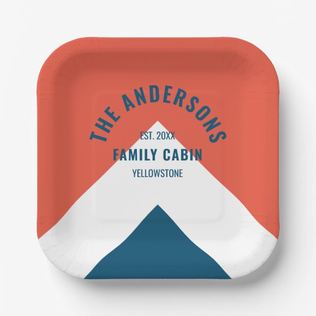 Family Cabin Personalized Name Red Navy Retro Paper Plate (Front)