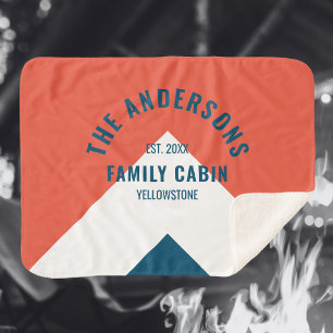 Family Cabin Personalized Name Red Navy Retro Sherpa Blanket