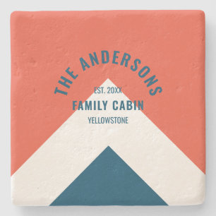 Family Cabin Personalized Name Red Navy Retro Stone Coaster