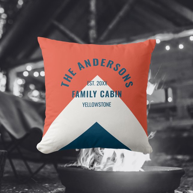 Family Cabin Personalized Name Red Navy Retro Throw Pillow (Creator Uploaded)
