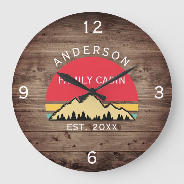 Family Cabin Rustic Retro Trees Family Name  Large Clock (Front)