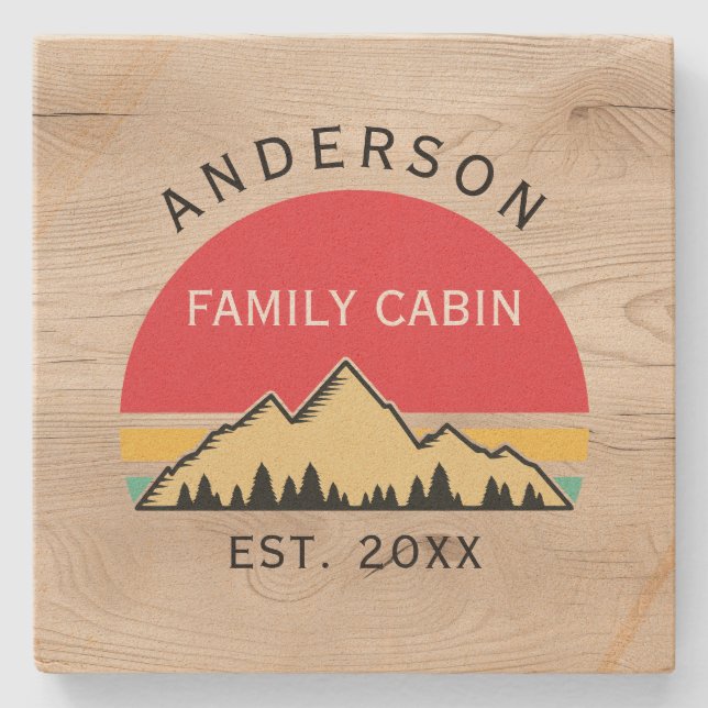 Family Cabin Rustic Retro Trees Family Name  Stone Coaster (Front)