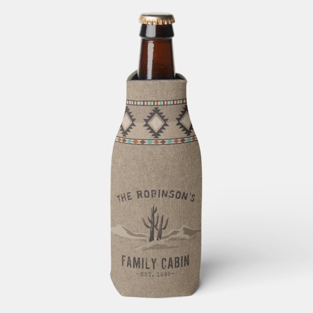 Family Cabin Rustic Southwest Native Tribal Cactus Bottle Cooler (Bottle Front)