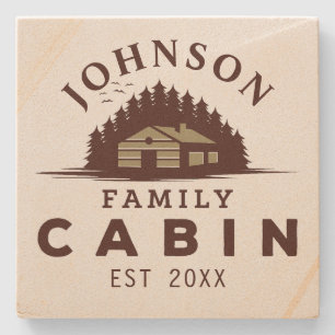Family Cabin Rustic Trees Family Name Stone Coaster